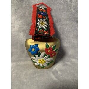 Vintage Swiss Brass Cow Bell Goat Sheep Hand Painted  Embroidered Strap Colorful